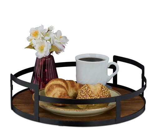 Relaxdays Tablett rund, Holz und Eisen, HxD 8,5x30,5 cm, Serviertablett, Griffe, hoher Rand, Dekotablett, braun/schwarz