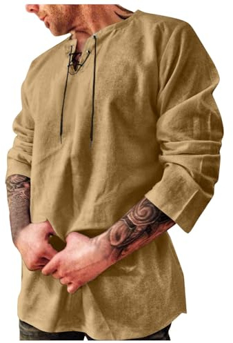 Bauzuoyo Chemise Homme de Style Médiéval - Tunique en Lin à Manches Longues - Rétro avec Lacets - Style Pirate Gothique Steampunk - Rétro Viking - Décontracté pour l'été - Chemise de Pêcheur - Coupe