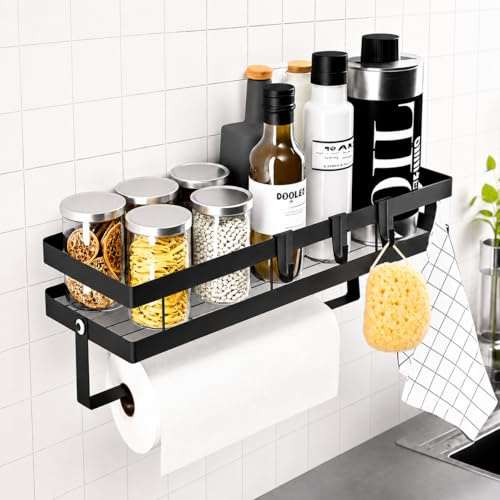 Trlyane Portaspezie da Parete Senza Forare con Porta Rotolo da Cucina, Mensola Cucina in Acciaio al Carbonio Nero, Organizer per Spezie con 4 Ganci per Utensili e Strofinacci