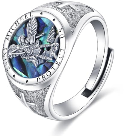 YONFQE St Michael Bague pour homme en argent sterling 925 Archange Michael ouvert Sceau réglable Saint Michael Bijoux catholiques Cadeaux