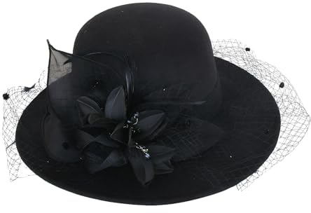 YJZQ Femmes Chapeau Melon en Feutre élégant Noir Chapeau Cloche à Fleur Voile Bonnet Charleston année 20 Couvre-Chef Style Vintage 56-58CM