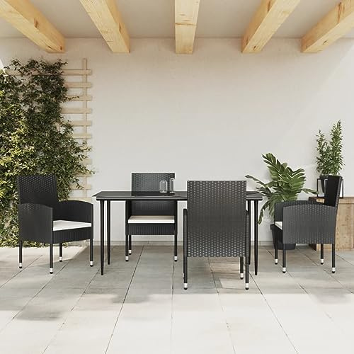 QJBSAVVA Gruppo da giardino in rattan sintetico, nero, 160 x 80 x 74 cm, con cuscino bianco crema, tavolo + 4 sedie, struttura in acciaio, vetro