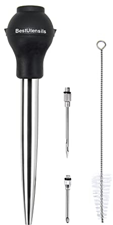 Best Utensils Bratenspritze aus Edelstahl, professionelle Qualität, FDA, Gummi-Ballon, inkl. Marinade-Injektorspritze und Bürste für einfaches Reinigen