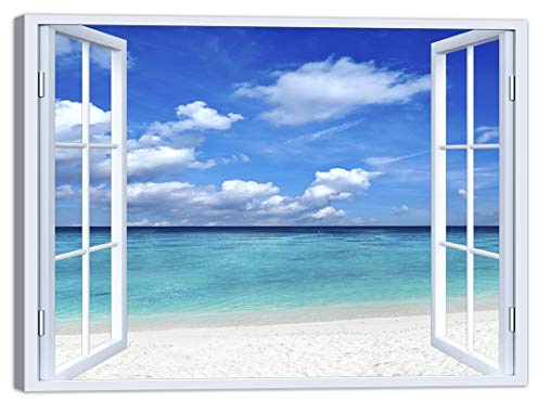 LuxHomeDecor Quadro finestra mare spiaggia 100x75 cm Stampa su Tela con Telaio in Legno Arredamento Arte Arredo Moderno