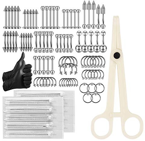 ATOMUS Piercing Set - 5st 14G Nålar, 16G Rostfritt Stål Navelpiercing, Pincett, Smycken Bananabells (85st Smycken Set)