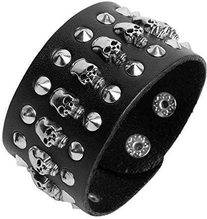 Black metal rivets studs punk rock biker wide belt leather bracelet guard wrist strap skull (B)