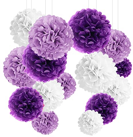 Decorazione festa YBwanli tema viola，24 pompon di carta velina，fiori di carta pompon，adatto per feste di compleanno，matrimoni，regali，decorazione，Decorazione fotografica(Viola chiaro,viola,bianco)