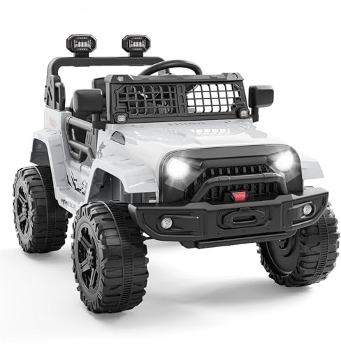Hetoy Ride on Toys for Kids, Kids' Electric Vehicles, Electric Car for Kids, 12V Ride on Car with Remote Control, Spring Suspension, LED Lights, Bluetooth, 3 Speeds, Toddler Truck Vehicles(White)