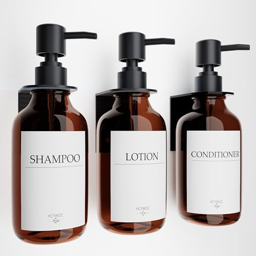 HCYWOC Dispensador Jabon Baño Pared, 3 Piezas Dispensador de Jabon, Sin Taladrar 500ml Dispensador Gel y Champu Ducha con 16 Etiquetas Impermeables para Cocina y Baño, Ámbar
