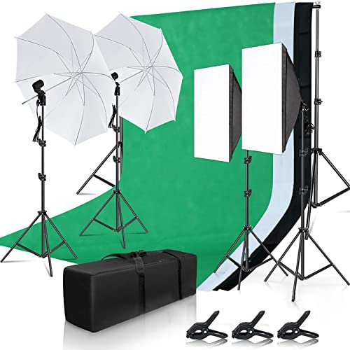 Andoer Set de estudio fotográfico, 1,6 m x 3 m, sistema de soporte de fondo con caja de luz de 50 x 70 cm, bombilla de 45 W, paraguas de fotografía de 33 pulgadas, trípode de luz de 2 m, 3 telones de
