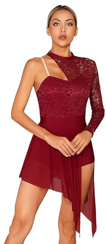 YiZYiF Donna Vestito da Balletto Abito da Danza Moderna Vestito da Latino Tango Salsa Rumba Samba Monospalla Body Ginnastica Ballerina per Saggio Dancewear Borgogna D S