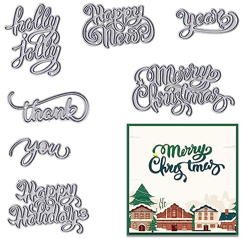 ABTOLS 7 Pieces Holiday Words Thinlits Die Christmas Words Embossing Metal Cutting Dies Carbon Steel Embossing Die Cuts Christmas Words Cut Die Stencils for DIY Scrapbooking Card Crafts