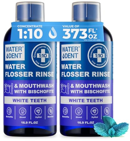 WATER DENT Water Flosser Rinse & Mouthwash Concentrate 1:10 for Teeth Whitening, Compatible with Waterpik & All Oral Irrigators, Peroxide & Alcohol Free, Stain Removal, Mint, 16.9 fl oz