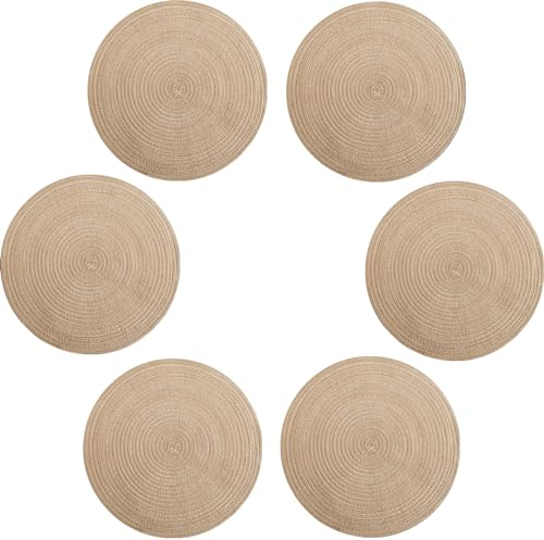 VEIZIBEE Manteles Individuales & Almohadilla de Mesa de Redondos， Salvamanteles Individuales 38cm，Lavables，Antideslizantes，Cocina，Mesa de Comedor，Estilo Europeo，Tela Tejida a Mano Interiores （Beige）