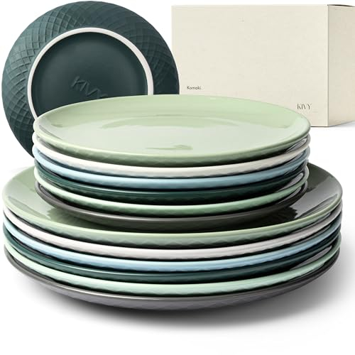 KIVY Service de table pour 6 personnes, résistant aux rayures et au lave-vaisselle, 6 x 27 cm + 6 x 22 cm, moderne, 12 pièces, service combiné, vert, assiettes plates, assiettes plates, vaisselle