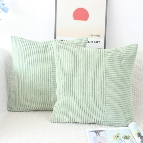OYIMUA Cord Kissenbezug 40x40 Grün Kissenbezüge Kordsamt 2er Set Weich Gestreift Deko Kissen Kissenhüllen Modern Sofakissen Dekokissen Kuschelig Kissenhülle Zierkissen Wohnzimmer