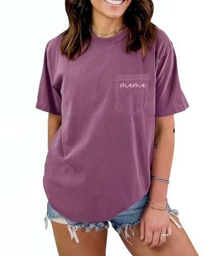 Comfort Breastfeeding Shirts for Women Mama Zipper Nursing Tops Distressed Maternity Tees Pregnancy Clothes with Pocket(M, Purple)
