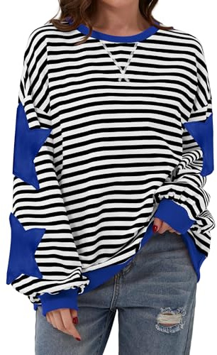TERIVEEK Women Oversized Striped Color Block Star Long Sleeve Crew Neck Sweatshirt Casual Loose Pullover Y2K Shirt Top