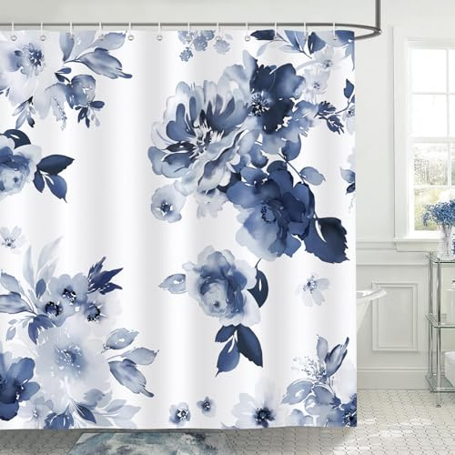 Bonhause Navy Blue Floral Shower Curtain, Watercolor Flower Modern Bathroom Curtain 180 x 180 cm Waterproof Mildew and Mould Resistant Polyester Fabric Bath Curtain with 12 Hooks