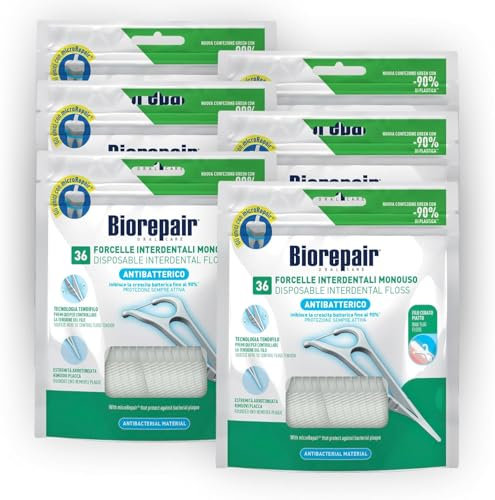 Biorepair, Extra Floss, Fili Ortodontici Pre-Tagliati, 50 Pezzi, Filo Interdentale Antibatterico, Protezione Attiva, Inibisce la Crescita Batterica Fino al 90%, Confezioni 100% Riciclabili