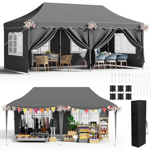 Pavillon 3x6 mit 6 Seitenwänden, Faltpavillon 3x6 Wasserdicht Stabil Winterfest, Faltbar Partyzelt 3 x 6, Anti-UV 50+ Gartenpavillon, 6 PCS Sandsack 12 Erdhaken, für Markt, Hochzeiten, Patio, Grau