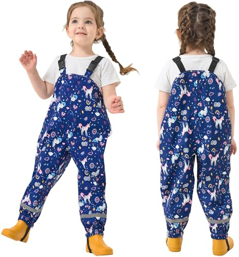 Fewlby Waterproof Trousers Girls, Rain Trousers Kids Waterproof Bib Overalls Toddler Rain Pants Rain Dungarees Windproof Mud Pants Blue Unicorn Rainwear for Outdoor Play, 4-5 Years