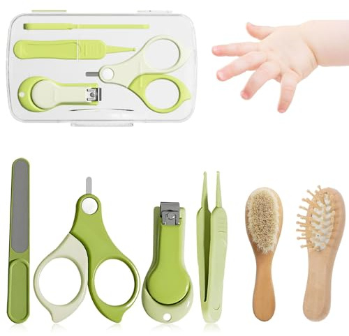 Baby 6-i-1 vård-set, naturlig trähårborste och kam nagelsax
