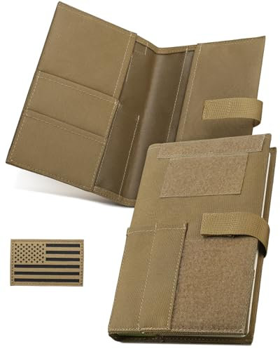 Tactical Book Cover for 5.5 x 8 Military Log Book, Green Book Protective Holder, Detachable Army Field Notebook Cover with Flag Patch, for Protecting Notes, Book(Tan, 5.7x8.7 in)