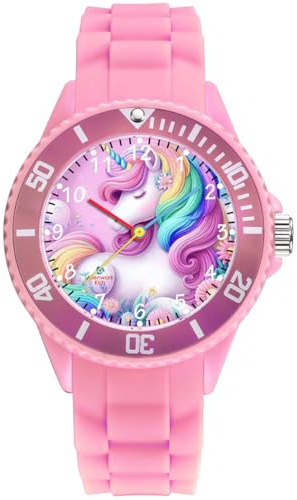 Alienwork Licorne Fille Montre Pédagogique Apprendre l'Heure Enfants Fille Pink Bracelet en Silicone Multicolore Enfants Résistant à l'eau 5 ATM Temps d'apprentissage
