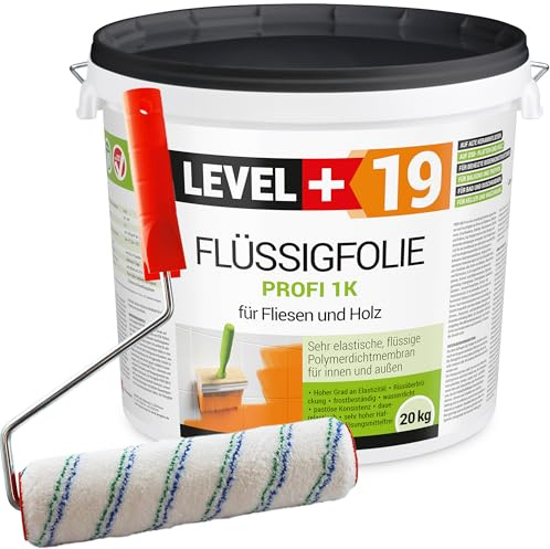 Level Plus 19 flytande folie professionell 20 kg för kakel och trä, OSB, balkong, terrass, källare, badrum, dusch, frostbeständig vattenbarriär, tätningsset med färgrulle, 25 cm