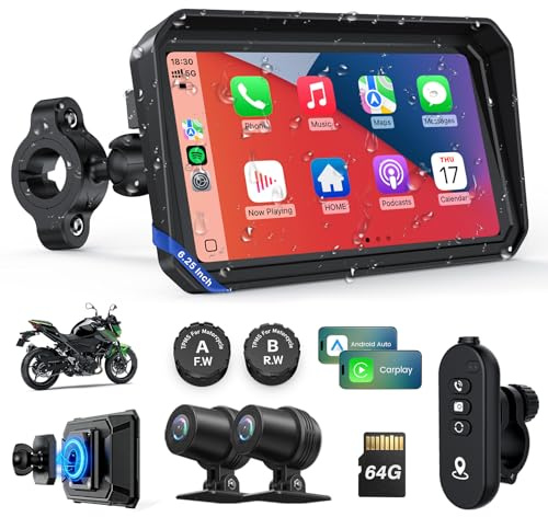 WonVon Motorcycle CarPlay Screen with Android Auto – 6.25” Waterproof GPS Pantalla para Moto Apple CarPlay Navigation System for Motorcycle, Dual 2K Dash Cam Bluetooth Audio & TPMS with Magnetic Mount