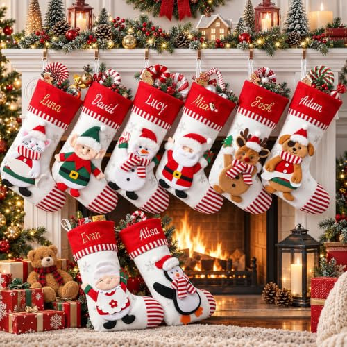 Infiher Personalized Christmas Stockings with Embroidered Name & Monogram,Custom 3D Xmas Character Stocking 2 Pack 18” Large,Santa,Snowman & Reindeer Fireplace Hanging Red Burlap Plaid Stockings(A)