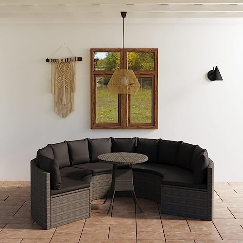 Kaloriko Ensemble de canapé de jardin en polyrotin gris, en forme d'éventail, avec coussins, pieds réglables, 88 x 66 x 67 cm, pour terrasse, balcon, extérieur
