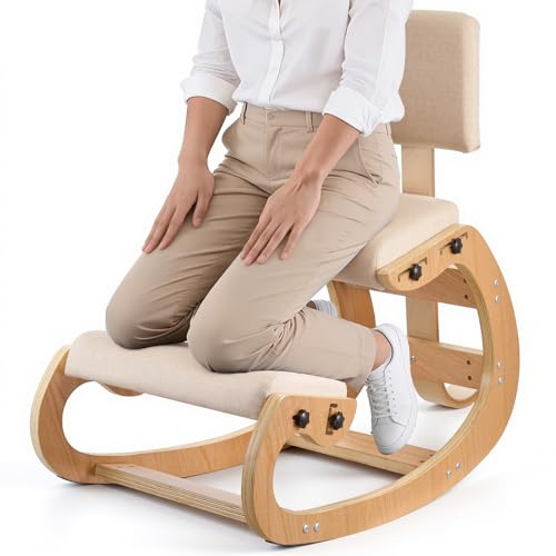 VEVOR Silla Ergonómica de Rodillas con Respaldo, Taburete para Rodillas Estructura de Madera, Cojines de Espuma Gruesa Ajustables, Carga de 120 kg, Relajación de Cuello y Espalda para Hogar, Oficina