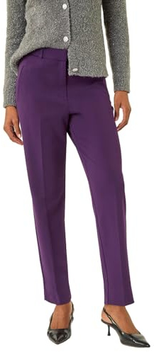 Roman Straight Leg Stretch Trousers for Women UK Ladies Work Office Smart Suit Pants Slacks Cigarette Tailored High Elasticated Waist Ankle Grazer Slim Angela - Regular Plum (28 inch) - Size 12