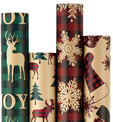 RUSPEPA Weihnachtsgeschenkpapier, Kraftpapier - Rote Und Grüne Plaids Style Designs - Christmas Elements Collection - 4 Rollen - 76cm X 305cm Pro Rolle