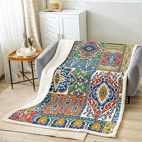 Coperta patchwork damascata, per ragazze, stile vintage turco, in sherpa, motivo bohemien, barocco, in peluche, con fiori geometrici astratti, in pile, decorazione per camera di lusso, doppia 150 x