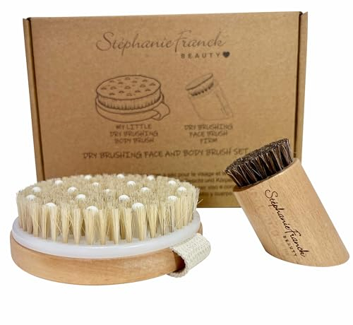 Stephanie Franck Beauty - Dry Brushing Body & Face Brush - Set de cepillos para masaje manual en seco del cuerpo (media) y de la cara (firme) en cerdas naturales y madera