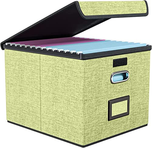 Portable File Organizer Box with Lids, Collapsible Linen Hanging Filing Storage Boxes with Plastic Slide, Decorative Home/Office Filling System for File and Folders Storage (Folders not included)