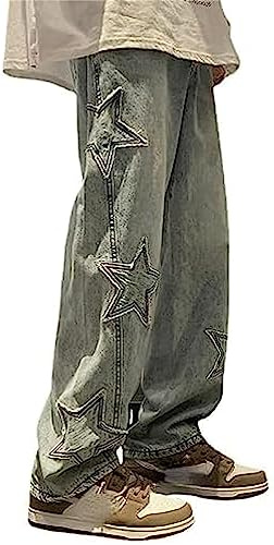 MuziZy Jean baggy vintage étoile patchwork Y2K pour femme - Taille haute - Jambe droite - Pantalon Emo Grunge avec poches, bleu, XXL