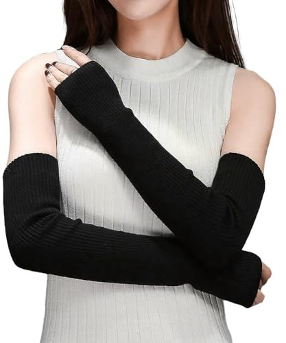 mizikuu Lange Fingerlose Handschuhe, Strick Armstulpen Ärmel Herbst Winter Stretch Pulswärmer mit Daumenloch Armwärmer Winter Thermo Handwärmer Sporthandschuhe für Damen Schwarz