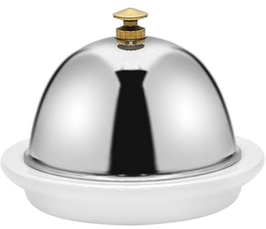 Ceramic Butter Dish with Stainless Dome Cover, Cheese Dish with Lid, Small Cheese Plate Serving Tray with Gold Handled Lid for Countertop, Dessert, Cupcake, Cream Cake, Appetizer