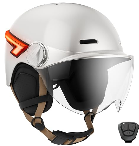 CASR Glow Fahrradhelm Damen Herren mit Licht und Visier, Fahrradhelm Erwachsene – LED Helm E-Bike, Roller, Blinker, Fernbedienung, USB-C, abnehmbare Ohrpolster, verstellbar, Größe L, Elfenbein