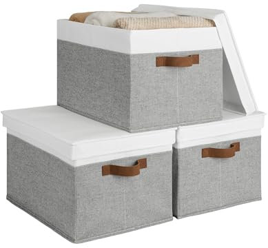 StorageWorks Large Storage Boxes with Lids, Lidded Clothing Organizer Box, Decorative Storage Baskets with Lids for Wardrobe, Fabric Storage Bins with PU Handles, White and Grey, 3-Pack
