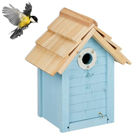 Relaxdays Nistkasten für Blaumeisen, Tannenholz, 27 mm Einflugloch, Bodenklappe, Vogelhaus zum Aufhängen, hellblau/Natur