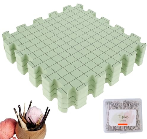 Foppla Lot de 4 planches de blocage en mousse avec 100 épingles en T épaisses - Tapis de bloc à tricoter professionnel réutilisable en mousse pour débutants amateurs de tricot - 30,5 x 30,5 cm
