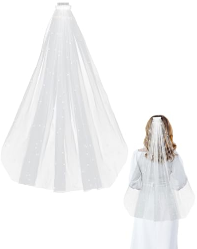 YOCDNOV 1 x Brautschleier für Hochzeit, Schleier aus weißen Perlen und Tüll, glitzernd, mit Kamm, Dekoration (80-100 cm)