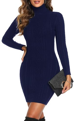 Aottori Vestito Maglione Donna Elegante Abito Aderente in Maglia Collo Alto Tubino Elasticizzato Casual Autunno Invernale Blu Navy XS
