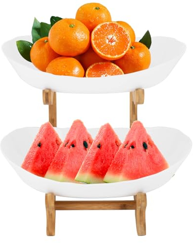 JUDEMII Alzata per frutta, in ceramica, a 2 piani, in porcellana con supporto in bambù naturale, per cene, tavoli da pranzo, matrimoni, feste di compleanno, snack buffet (bianco)