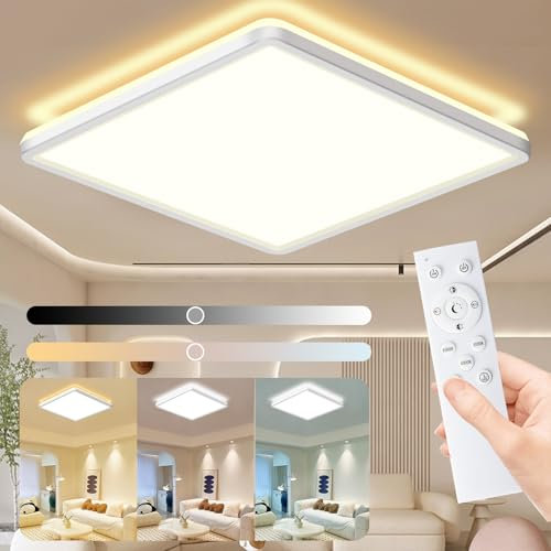 MJKOPEE LED Ceiling Lights Square with Remote Control- 24W 3000LM 30cm Bathroom Light, 3000-6500K 10%-100% Brightness Adjustable Modern Bath Ceiling Lights Lamp for Bedroom, Kitchen, White 1 PCS